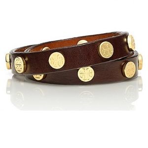 Tory Burch Brown Double Wrap Logo Stud Bracelet